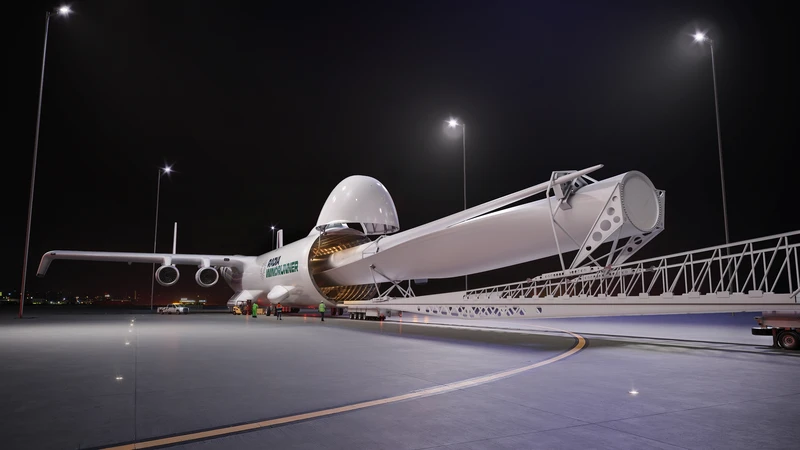 Recreación por ordenador del futuro avión de carga WindRunner, durante su proceso de carga. Foto: Radia